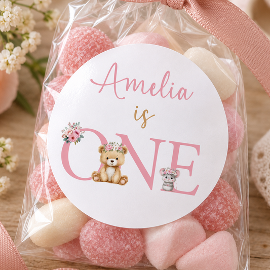 First Birthday Floral Teddy Stickers - Personalised 5cm Labels