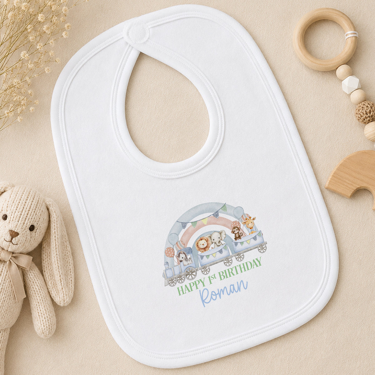 Personalised First Birthday Outfit - Safari Train Rainbow Design bib