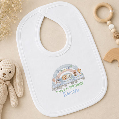 Personalised First Birthday Outfit - Safari Train Rainbow Design bib