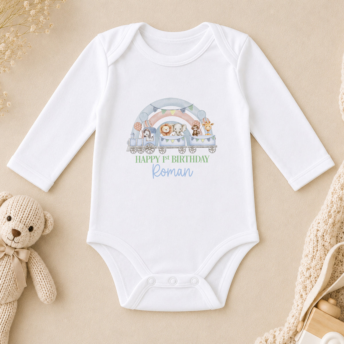 Personalised First Birthday Outfit - Safari Train Rainbow Design long sleeve vest