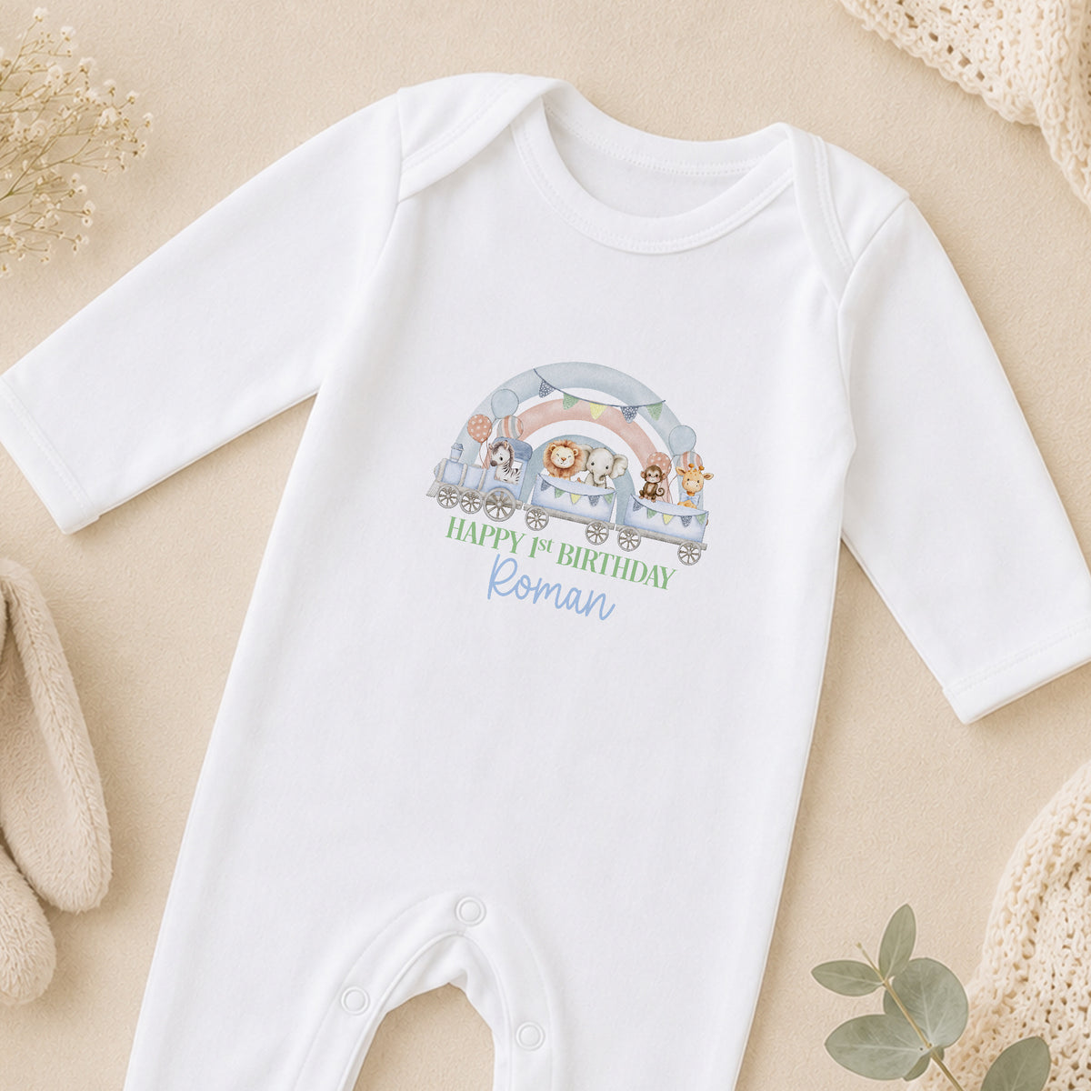 Personalised First Birthday Outfit - Safari Train Rainbow Design sleepsuit