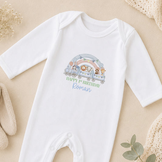 Personalised First Birthday Outfit - Safari Train Rainbow Design sleepsuit