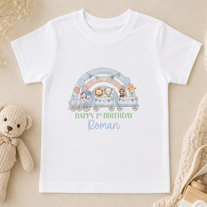 Personalised First Birthday Outfit - Safari Train Rainbow Design t-shirt