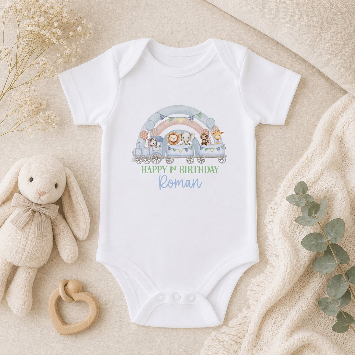 Personalised First Birthday Outfit - Safari Train Rainbow Design baby vest