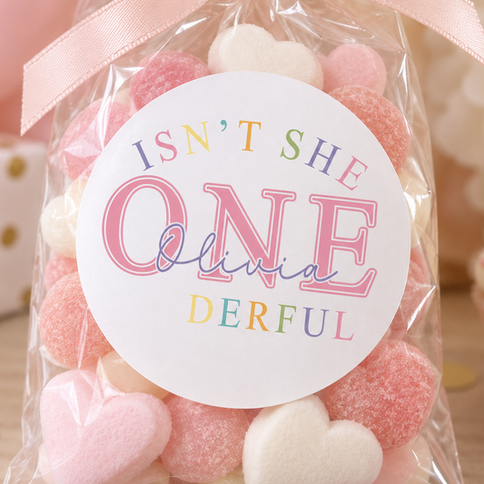 First Birthday Pink Party Stickers – Personalised Glossy Round Labels
