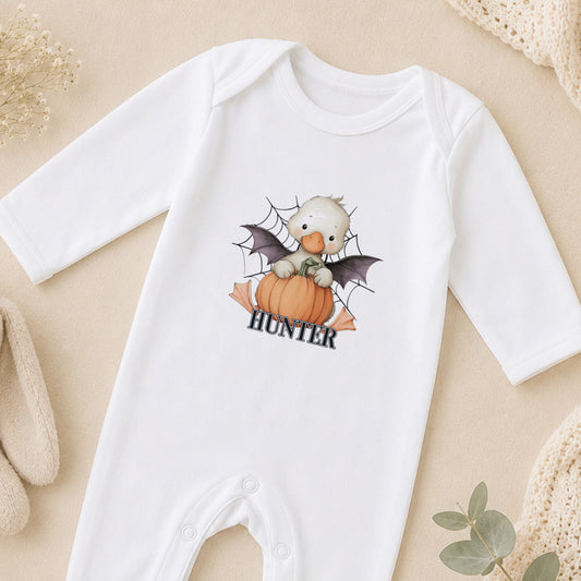 Personalised First Halloween Duck & Pumpkin Baby sleepsuit