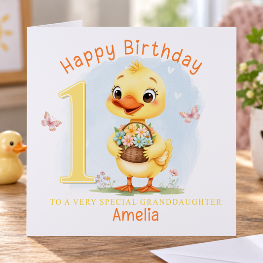 Floral Duck 1st Birthday Card for a Granddaughter