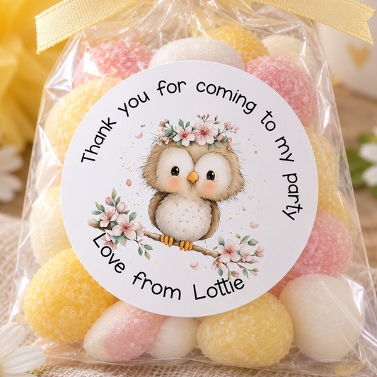 Floral Owl Party Stickers – Personalised Woodland Birthday Labels