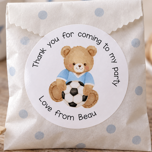 Football Teddy Bear Stickers – Personalised Party Bag Labels for Boy's Birthday