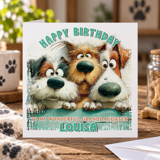 Funny Dog Trio Birthday Card – Personalised with Name, Age & Relation, 6x6 Luxury
