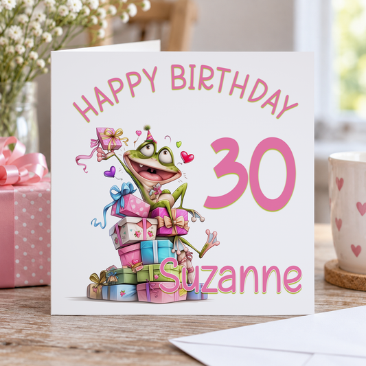Funny Frog Birthday Card – Personalised Name & Age, 6x6 Inch Square Card