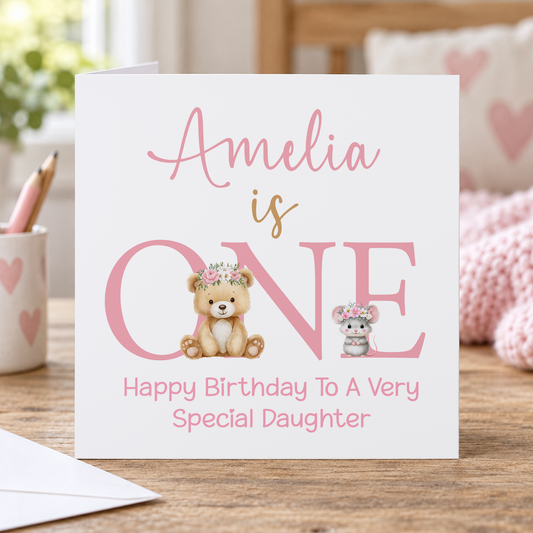 Girl's 1st Birthday Card – Pink Floral Crown, Bear & Mouse