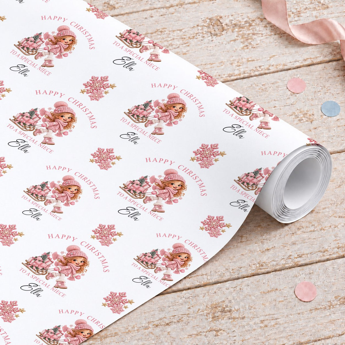 Roll of personalised Christmas wrapping paper with a girl pulling a sledge of presents, Happy Christmas To A Special Niece and the name Ella