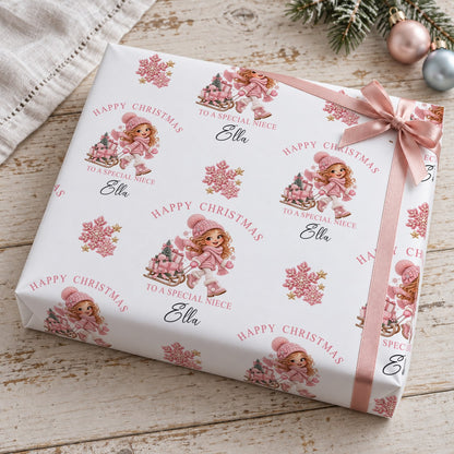 Present wrapped in personalised To A Special Niece Christmas wrapping paper with a pink bow