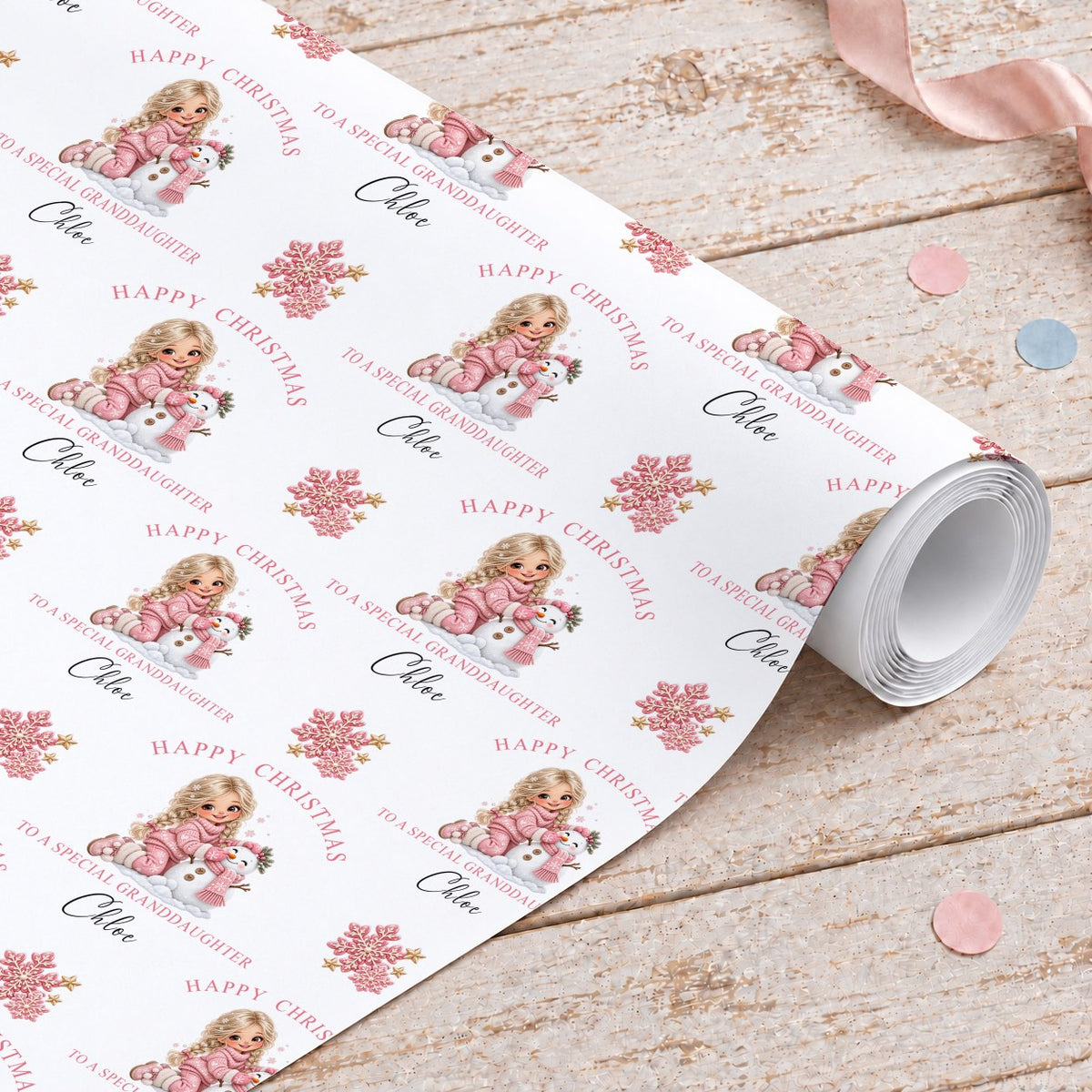 Roll of personalised Christmas wrapping paper with a girl hugging a snowman, Happy Christmas To A Special Granddaughter and the name Chloe