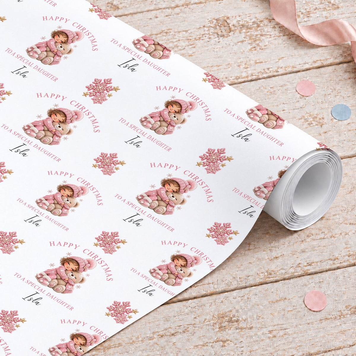 Roll of personalised Christmas wrapping paper with a girl hugging a teddy bear, Happy Christmas To A Special Daughter and the name Isla
