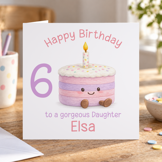 Girls Birthday Card – Personalised Pastel Kawaii Cake Design with Any Age