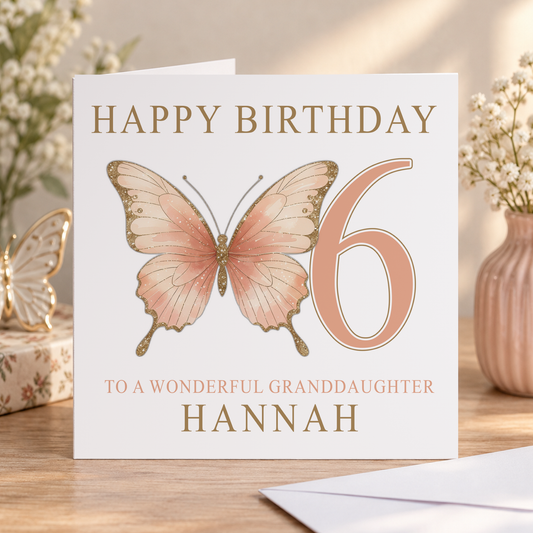 Gold & Blush Butterfly Birthday Card – Personalised with Name & Age