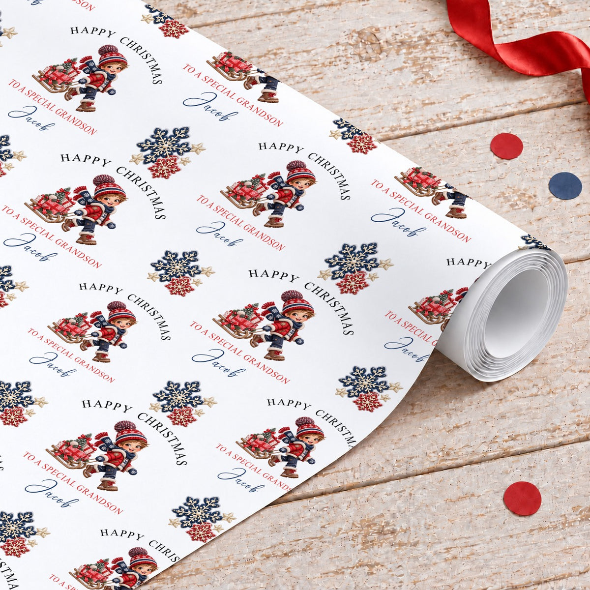 Personalised Christmas wrapping paper roll with a boy pulling a sledge of presents, Happy Christmas, To a Special Grandson and the name Jacob