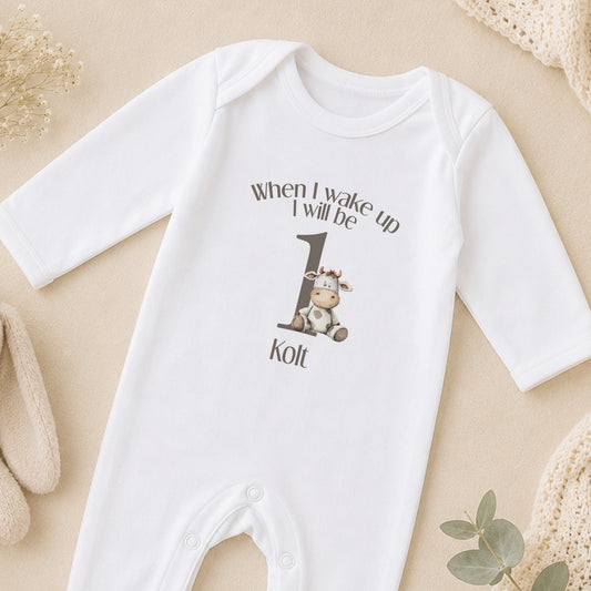 Personalised Grey Cow When I Wake Up I Will Be One First Birthday Sleepsuit or sleepsuit