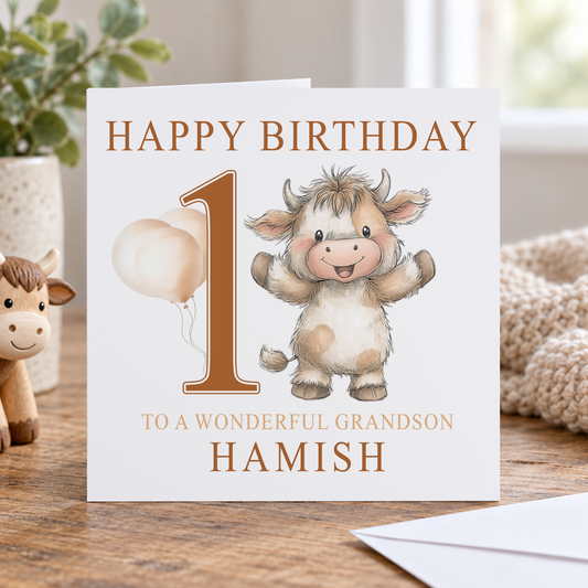 Highland Cow Birthday Card - Personalised with Name & Any Age 1 to 10