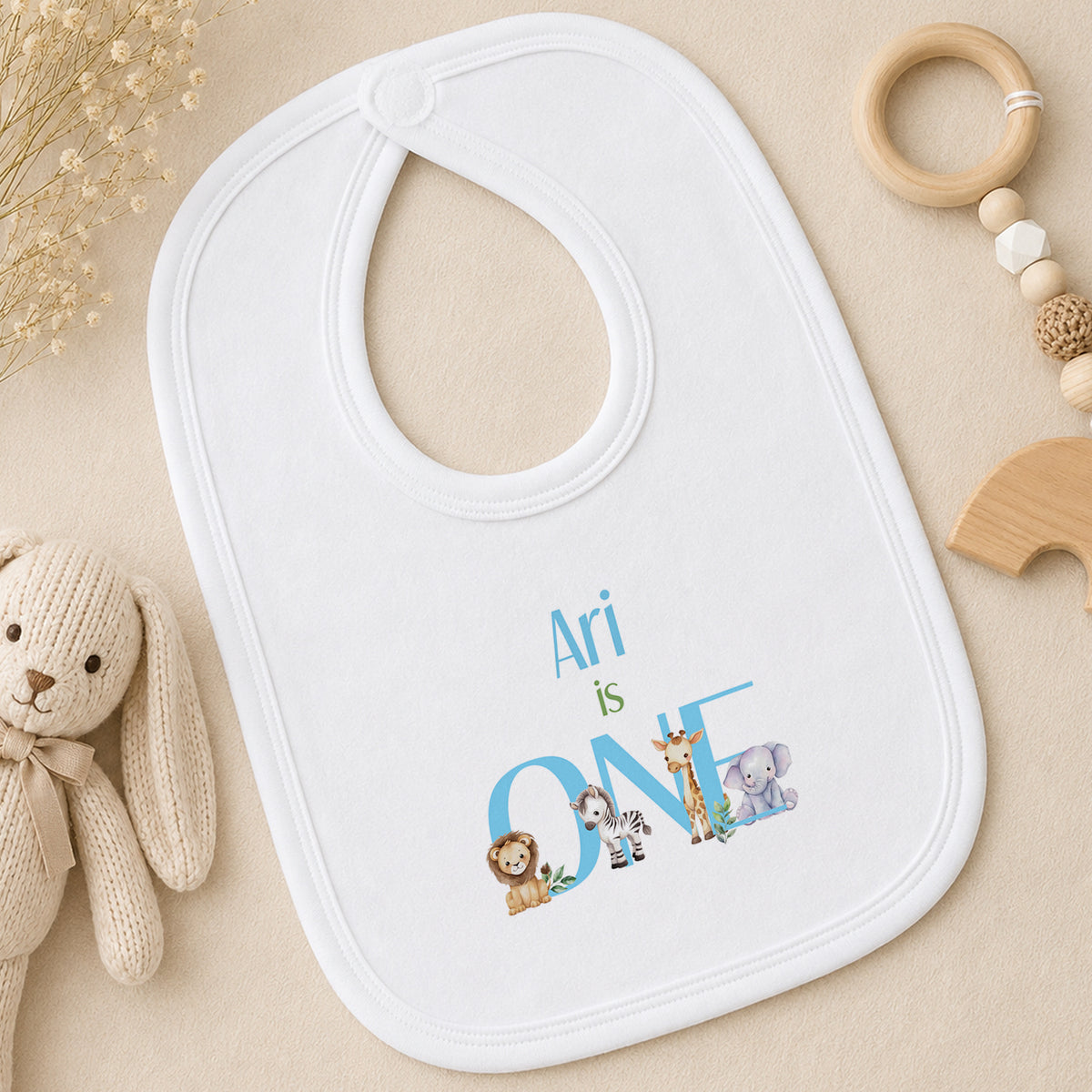 Personalised I Am ONE Safari Baby Blue bib