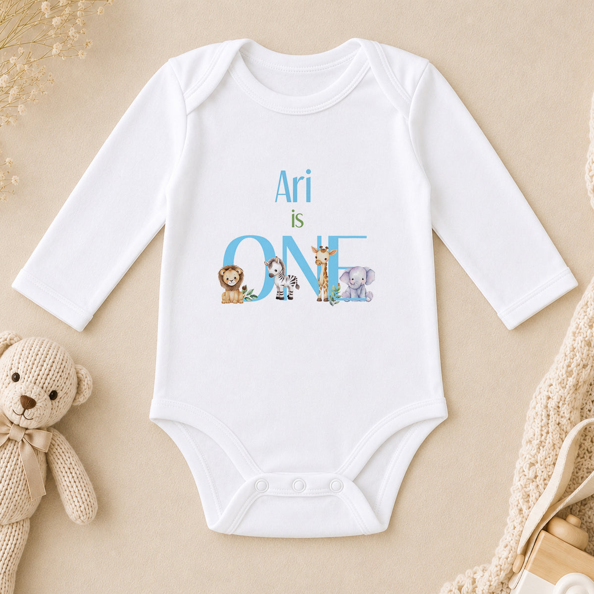 Personalised I Am ONE Safari Baby Blue long sleeve vest