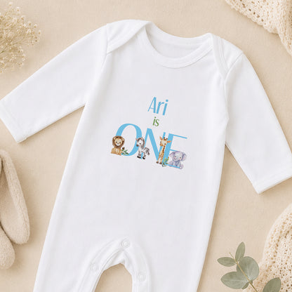 Personalised I Am ONE Safari Baby Blue sleepsuit