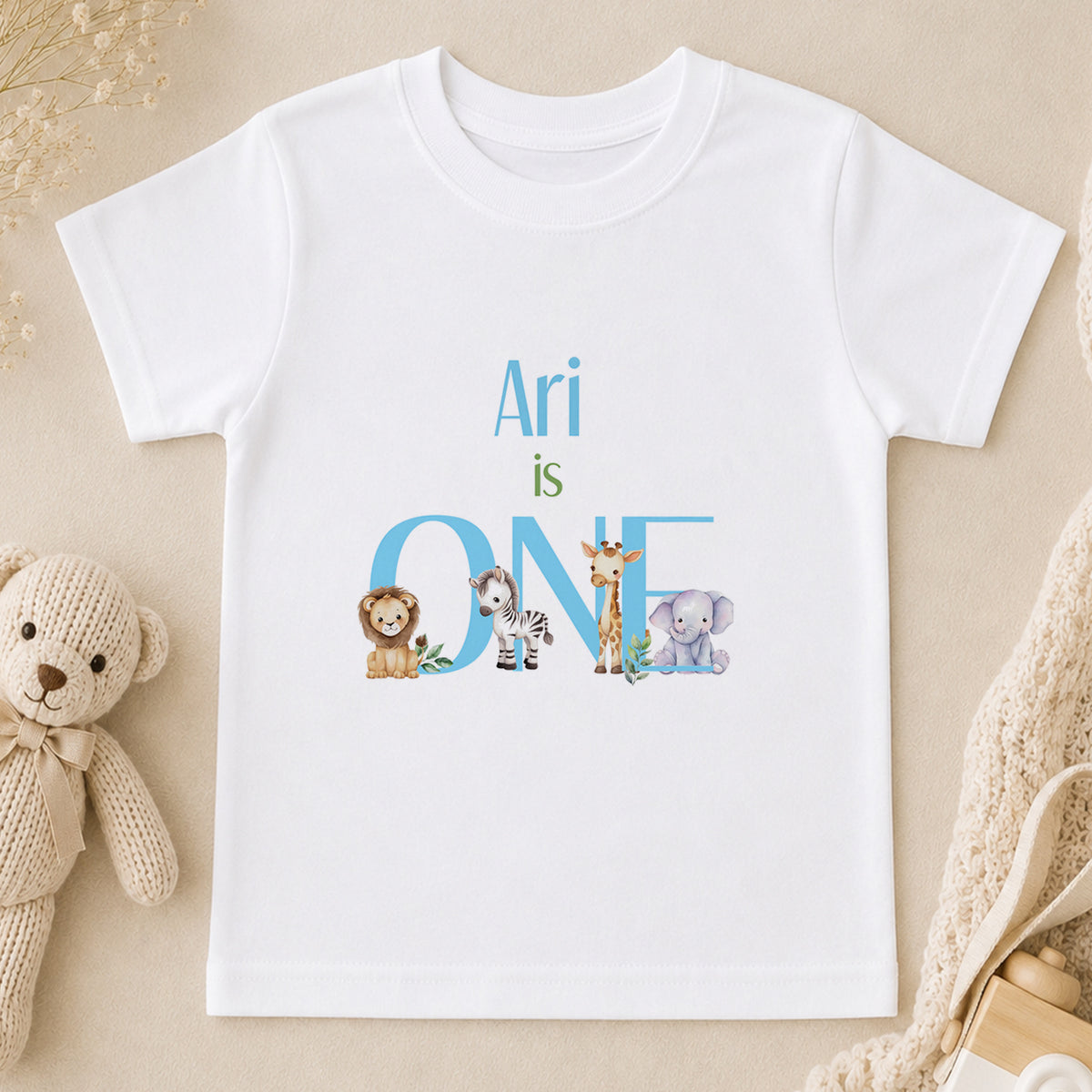 Personalised I Am ONE Safari Baby Blue t-shirt