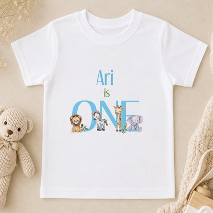 Personalised I Am ONE Safari Baby Blue t-shirt
