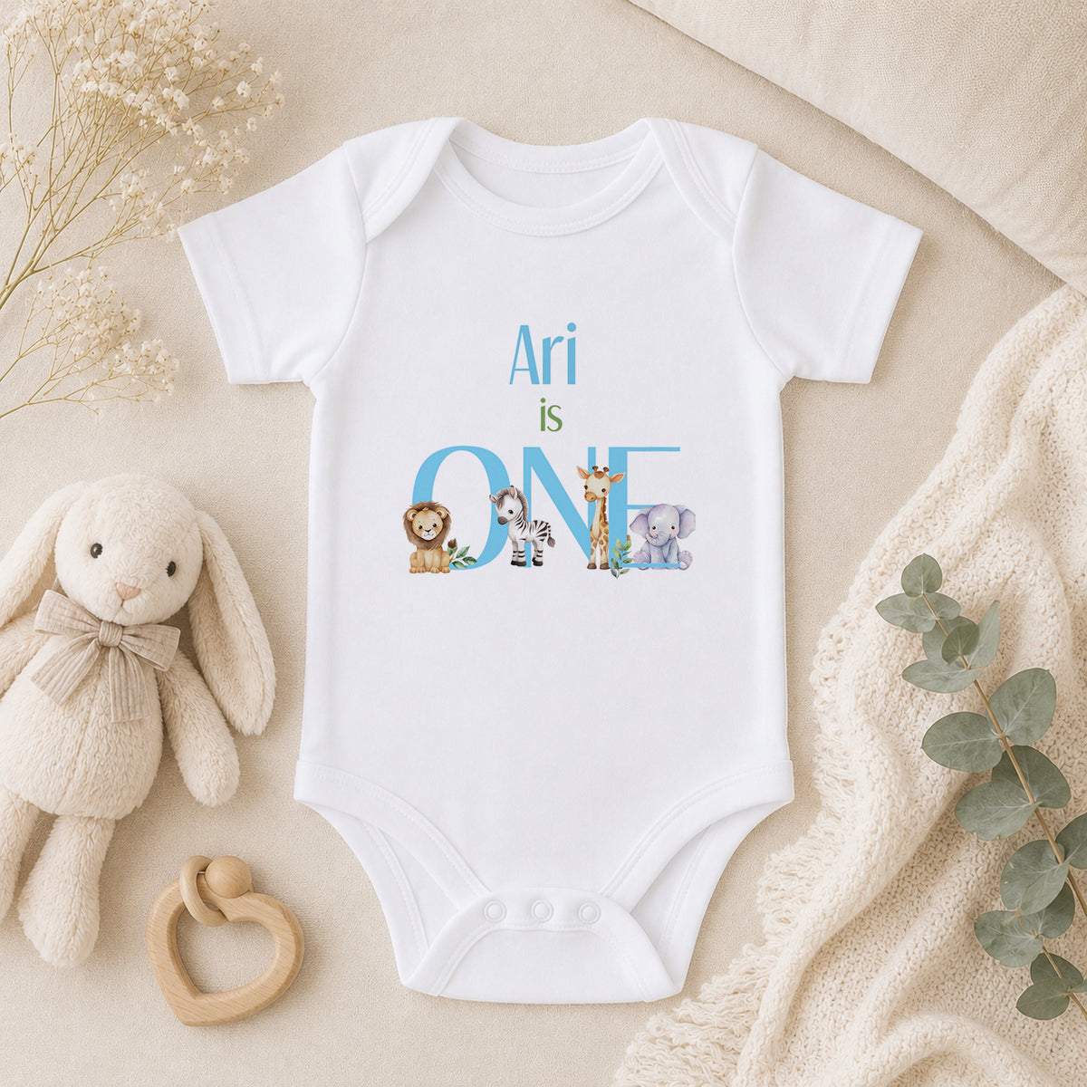 Personalised I Am ONE Safari Baby Blue baby vest