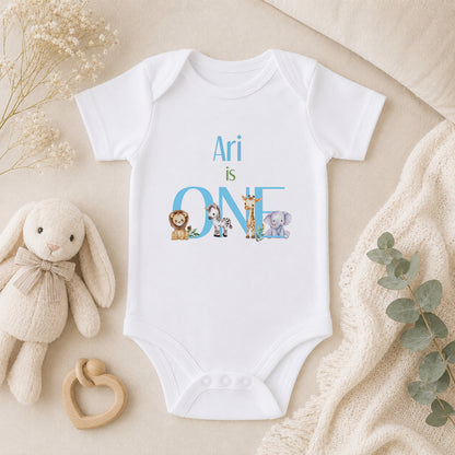 Personalised I Am ONE Safari Baby Blue baby vest