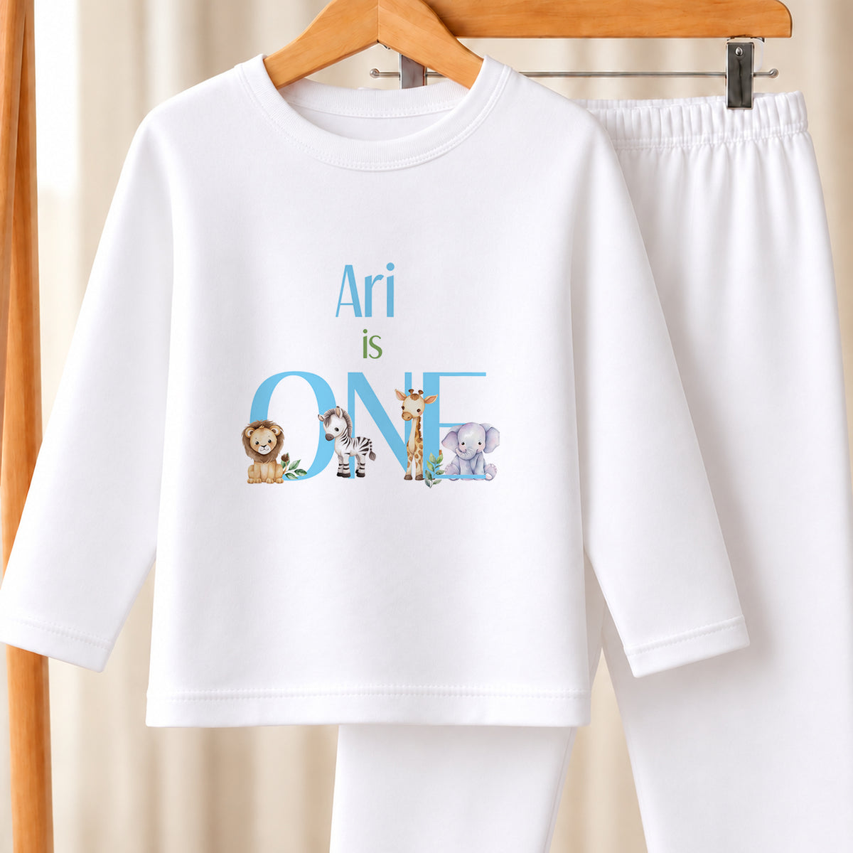 Personalised I Am ONE Safari Baby Blue white pyjamas