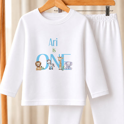 Personalised I Am ONE Safari Baby Blue white pyjamas