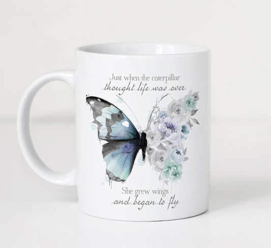 Purple and blue floral butterfly motivational mug with