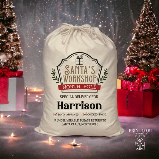 Personalised Xmas Eve sack with drawstring closure and festive digital print, Medium size