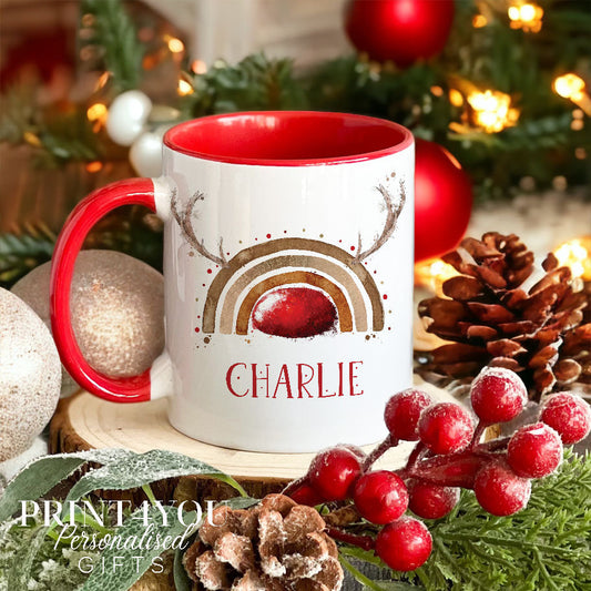 Personalised Rainbow Reindeer Christmas mug in plain white ceramic, printed with a custom name