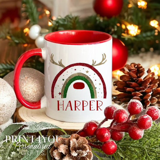 Personalised Colourful Reindeer Christmas mug in plain white ceramic, printed with a custom name