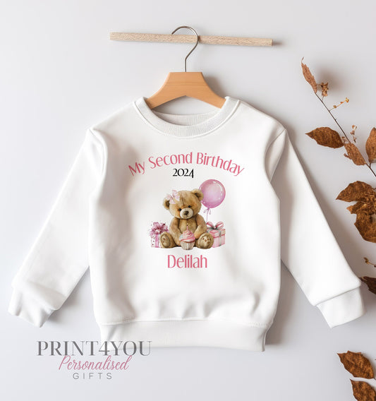 Personalised 2nd birthday sweatshirt with pink teddy bear design, size 6-12 months – Print4You Personalised Gifts