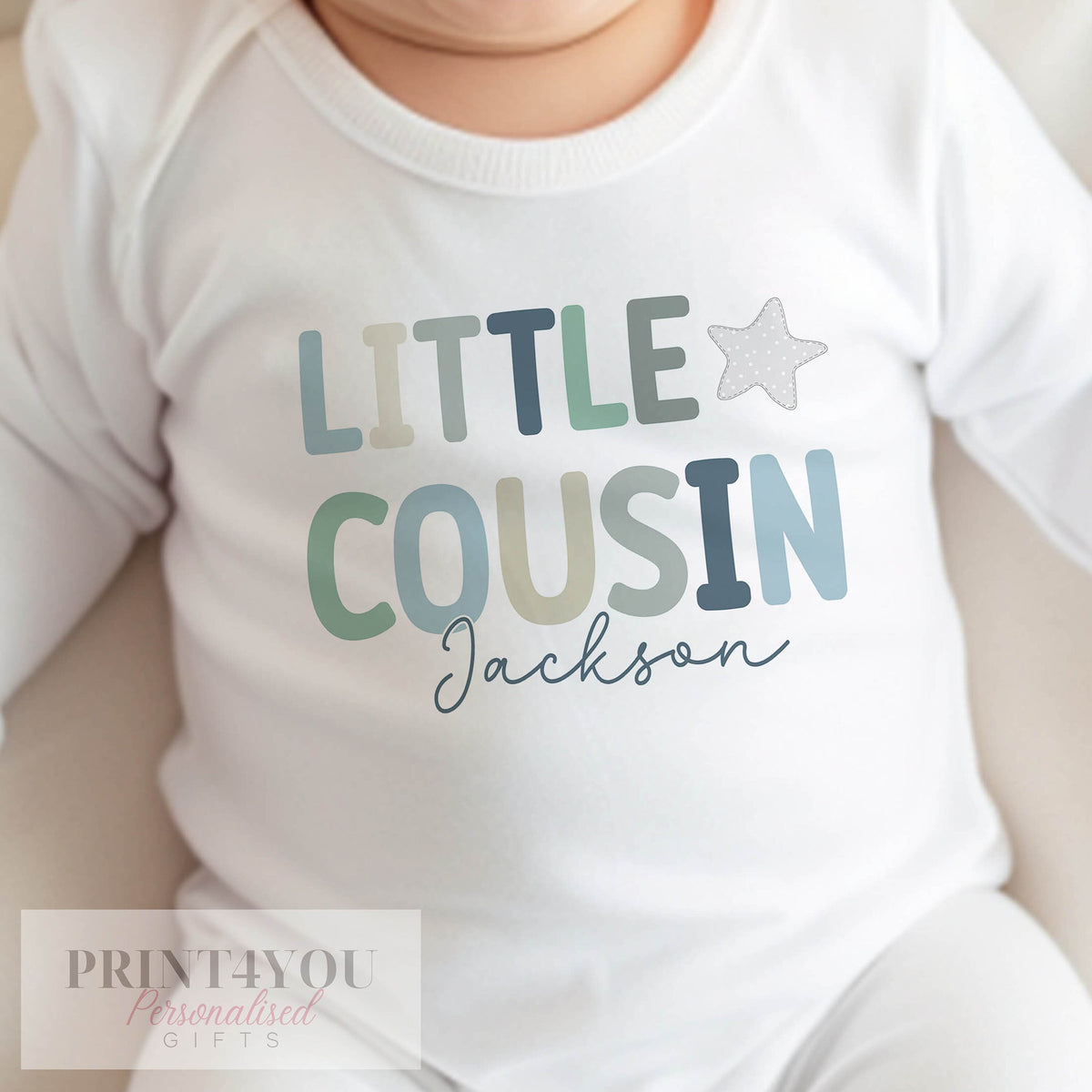 Personalised Little Cousin vest in soft white cotton