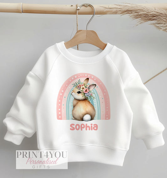 Kids white cotton-polyester sweatshirt with a personalised bunny rabbit and flowers print and custom name on the front