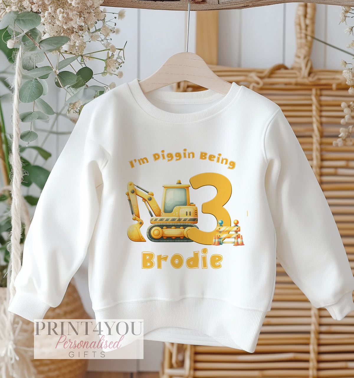 Personalised digger birthday t-shirt with dumper truck print and custom name and age, size 6-12 months