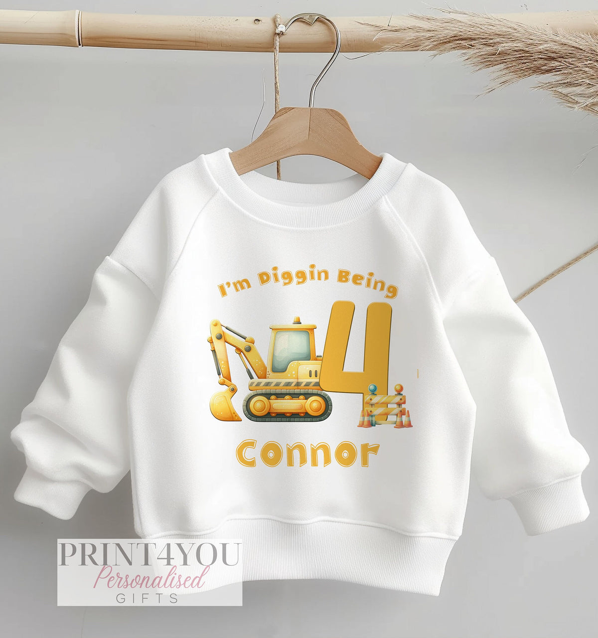 Personalised Digger Birthday Jumper, Birthday Sweatshirt for Children, Any Age Diggin Being, Builder Construction Digger Design - 6-12m