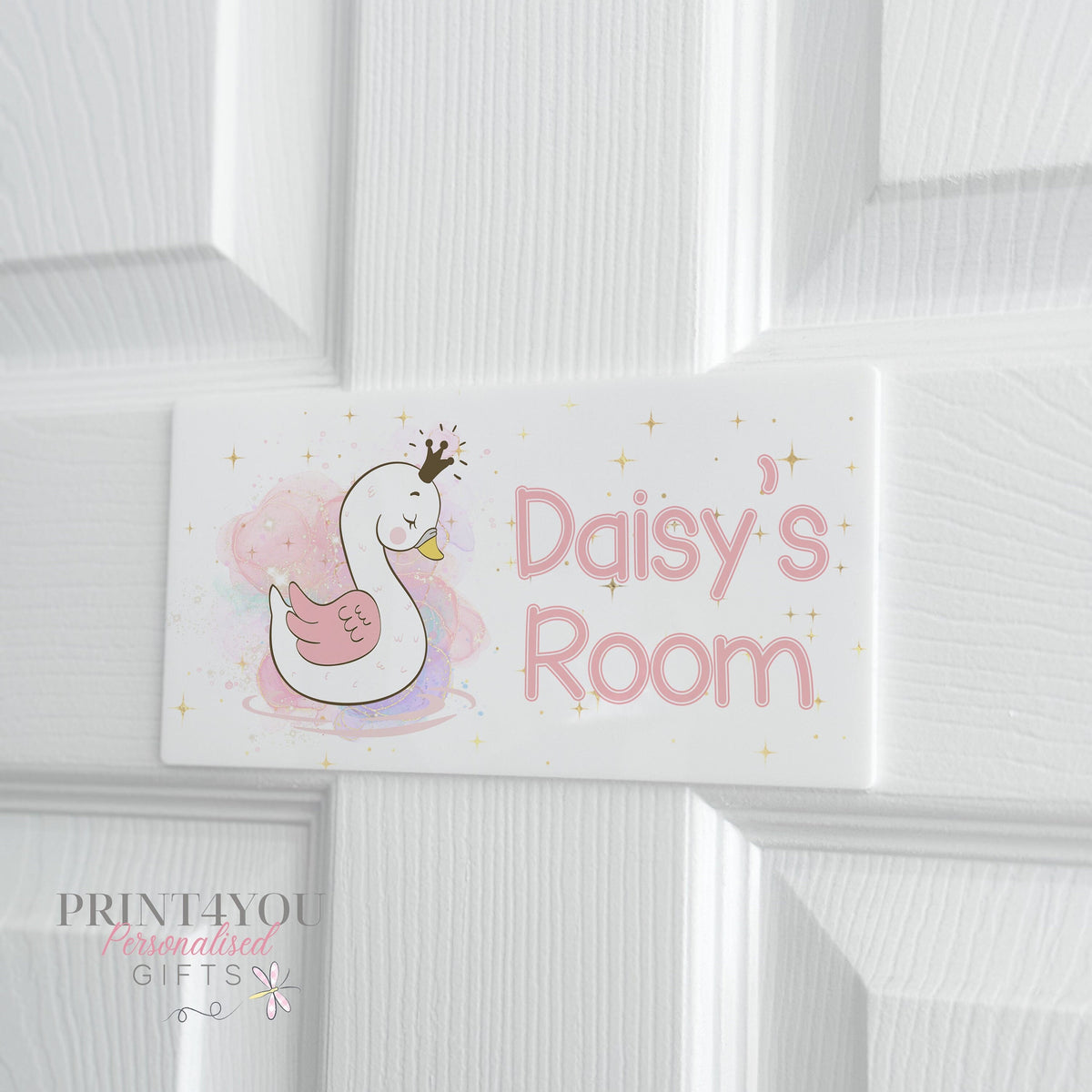 Personalised Bedroom Door Plaque – White Acrylic Kids Name Sign With Princess Swan - Adhesive pads