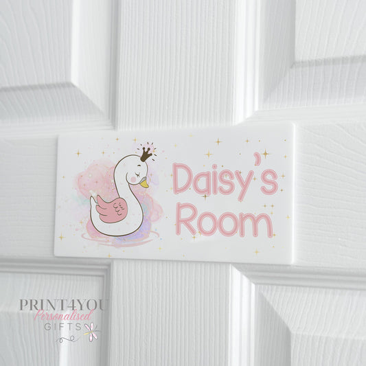 Personalised Bedroom Door Plaque – White Acrylic Kids Name Sign With Princess Swan - Adhesive pads