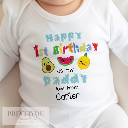 Personalised dancing fruit bib printed with 'Happy 1st Birthday as my Daddy' and the baby's name.
