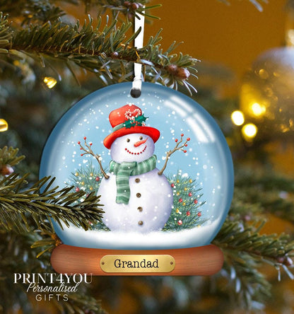 Personalised acrylic Christmas bauble featuring Snowman design with custom name, standard packaging