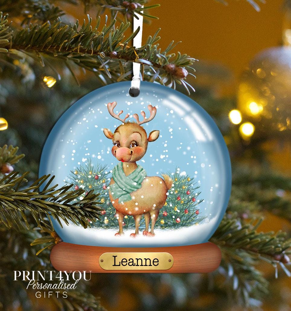 Personalised acrylic Christmas bauble featuring both reindeer characters together with custom name