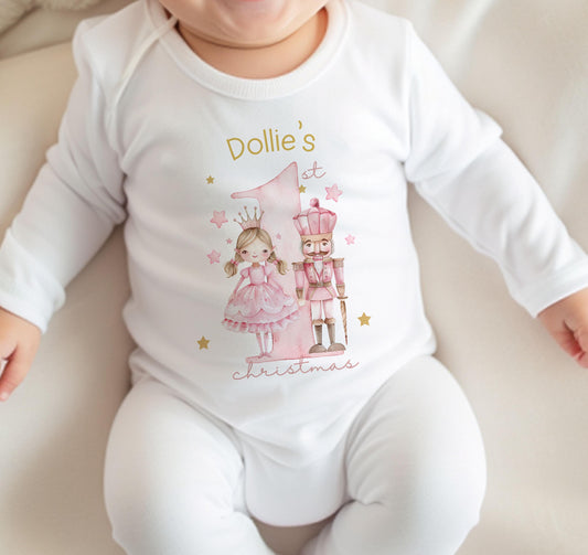 Personalised Pink Nutcracker baby girl's first Christmas bib, vest and sleepsuit set in 100% cotton.
