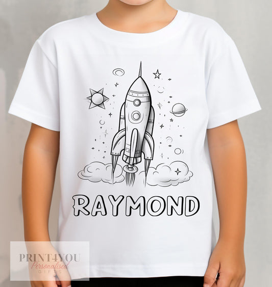 Personalised space rocket colour-in t-shirt for kids, size 1-2 years, with custom name printed on front